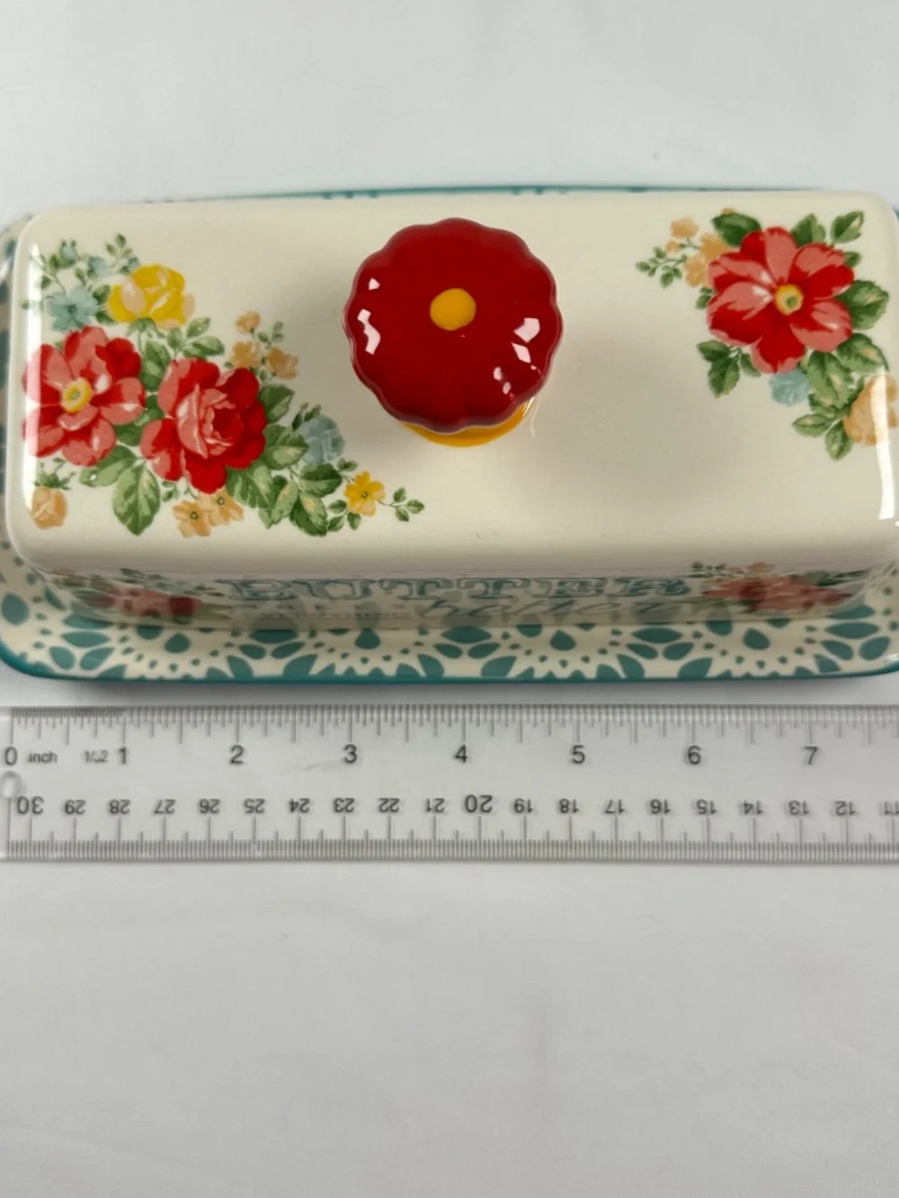 The Pioneer Woman Vintage Floral Butter Dish Stoneware Ceramic Red Teal Yellow